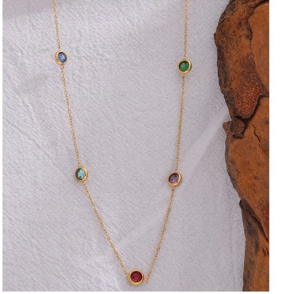 NEW 18K Gold Plated Multi Color Gemstone Necklace - Picture 3 of 7